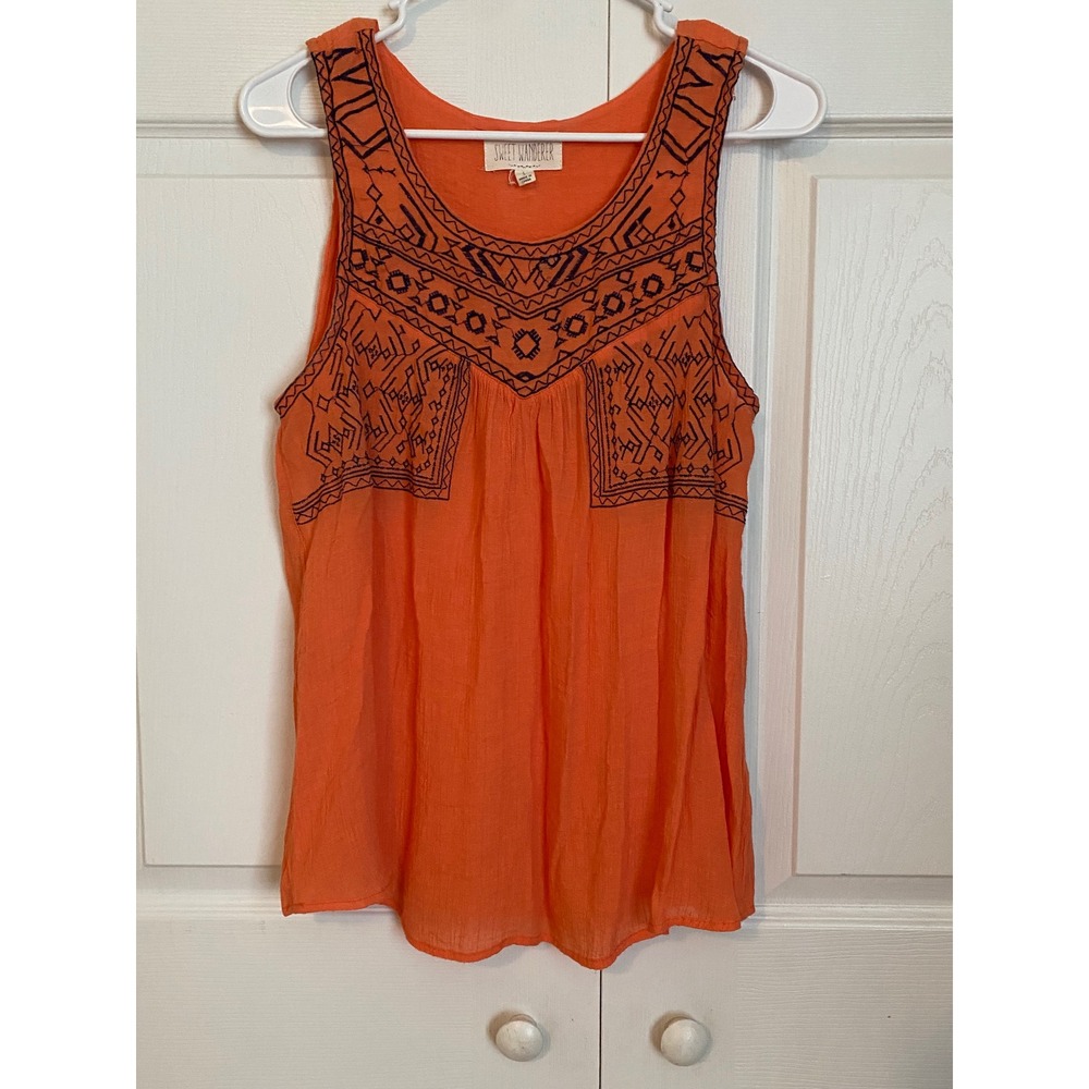 Sweet Wanderer Womens Orange Embroidered Boho Tank Top SJ1832 Large